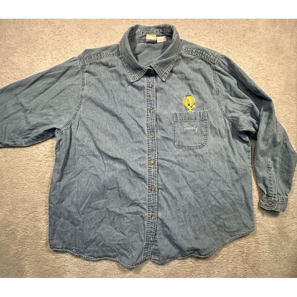 Vintage 90s Looney Tunes Embroidered Chambray Button Up Shirt Women 26W/28W 1999